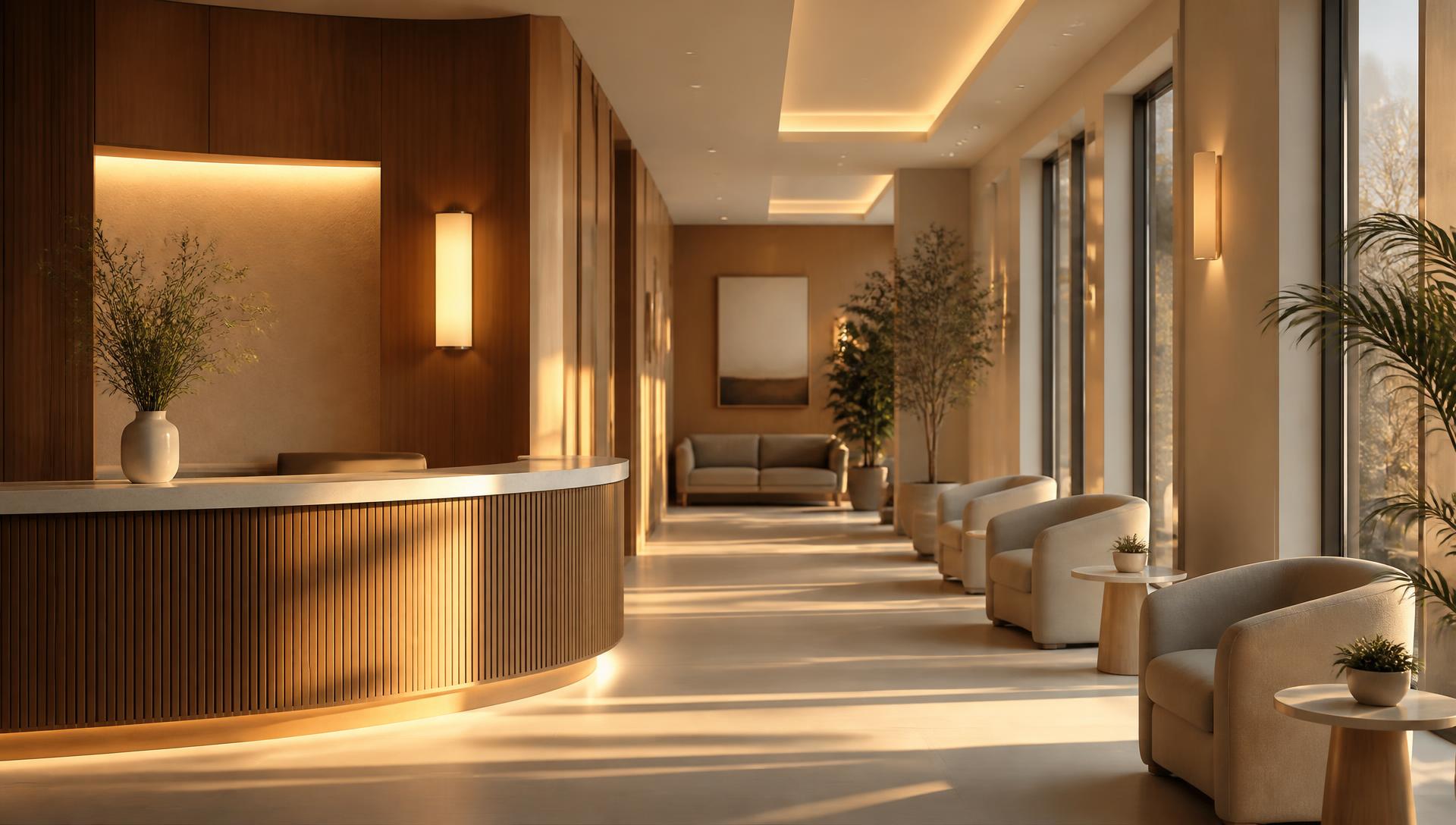 Calm, empty clinic reception at golden hour