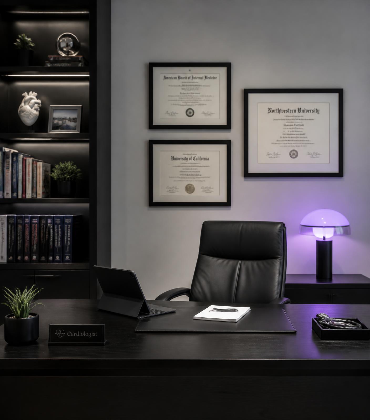 Elegant physician home office with a violet accent lamp