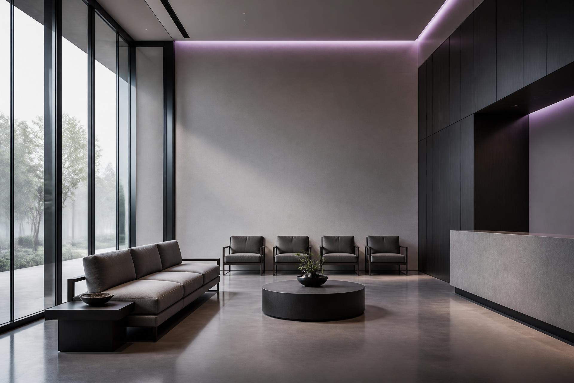 Warm, softly lit luxury clinic reception at golden hour